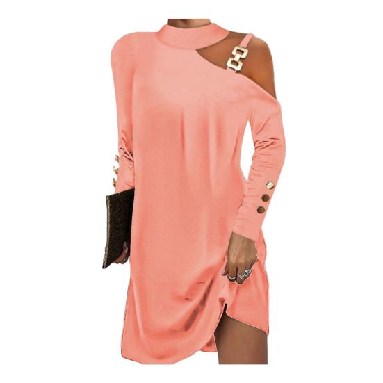 Frauen Kleid Kette Dekor Eine Schulter Lange Ärmel Einfarbig Lose Neckholder Weiche Atmungsaktive Über Knie Länge Mini Kleid XL rosa von Joom DACH