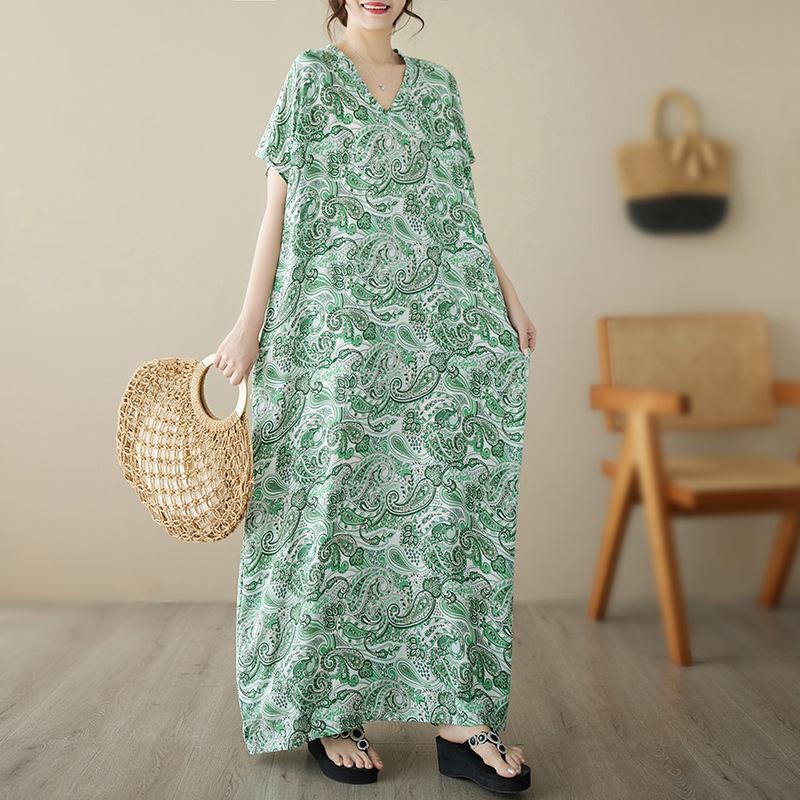 Frauen Kleid Sommer Plus Größe Strand Sommerkleid Weibliche Leinen Blumen Lose Beiläufige Lange Kleid Oversize Blau One Size grün von Joom DACH