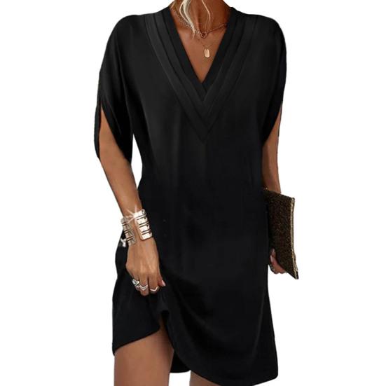 Frauen Kleid V-ausschnitt Plissee Halb Fledermaus Ärmel Einfarbig Lose Weiche Atmungsaktive Pendeln Über Knie Mini Kleid 2XL von Joom DACH