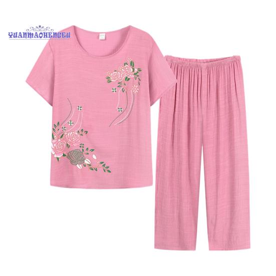 Frauen Kleidung Sommer Homewear Set Kurzarm Floral Print T-shirt Hosen Lose Zwei Stücke Set Outfit für Mittleren Alters XL rosa von Joom DACH