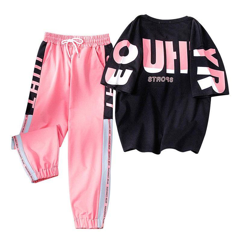 Frauen Kleidung Trainingsanzug Zwei Stück Set Sommer Lässige Sportswear Ins Anzug Oansatz Druck T Shirt + Harem Hosen XXL rosa von Joom DACH