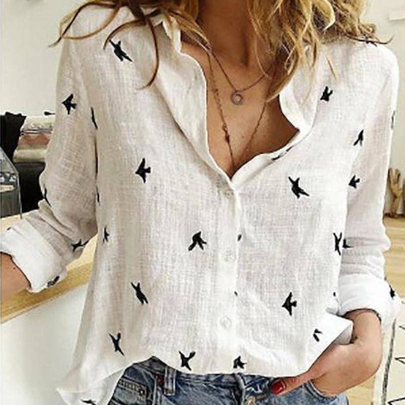 Frauen Langarm Bluse Frühling Herbst Baumwolle Leinen Shirts Plus Größe Lose Revers Button Up Tops XXL von Joom DACH
