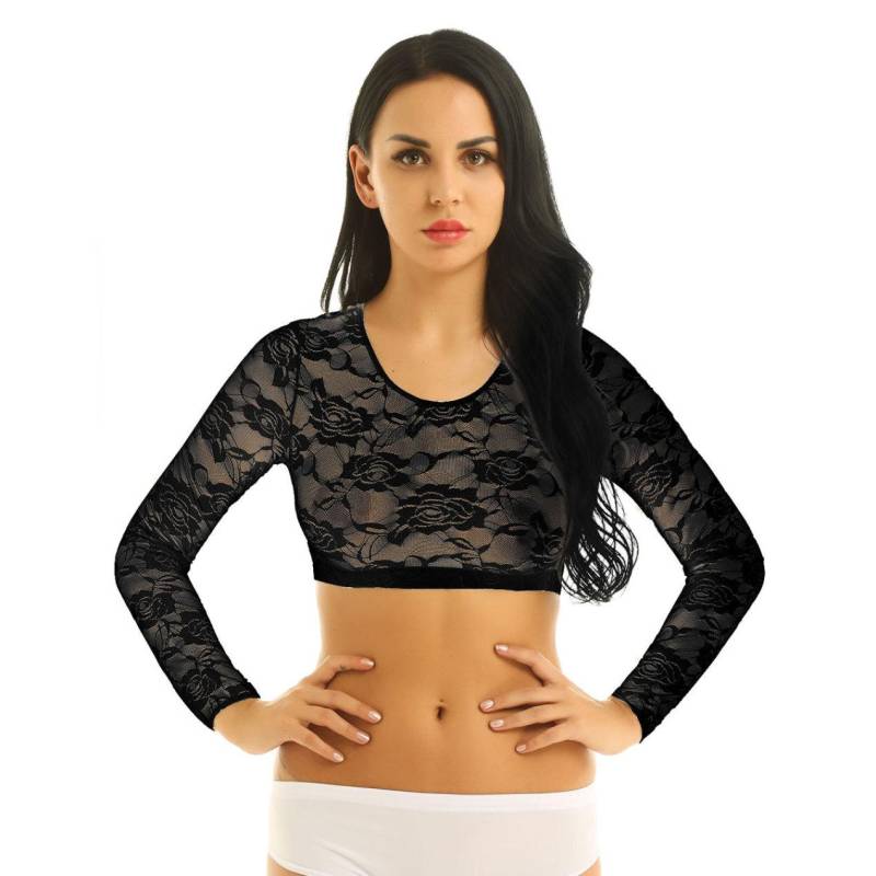 Frauen Lange Ärmel Sheer Spitze Crop Tops Rundhals T-shirt Damen Transparent Bluse Shirt L schwarz von Joom DACH