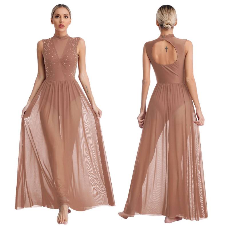 Frauen Langes Kleid Lyrical Modern Dance Ärmelloses Open Back Twist Sheer Mesh Overlay Trikot Lob Liturgische Tanzkleidung S pastel rosa von Joom DACH