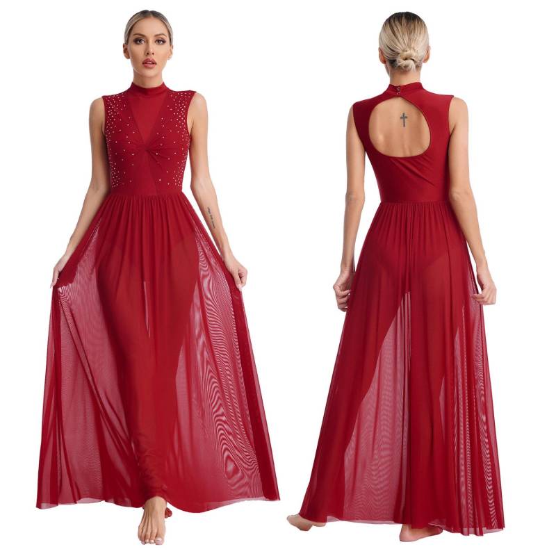 Frauen Langes Kleid Lyrical Modern Dance Ärmelloses Open Back Twist Sheer Mesh Overlay Trikot Lob Liturgische Tanzkleidung S bordeaux von Joom DACH