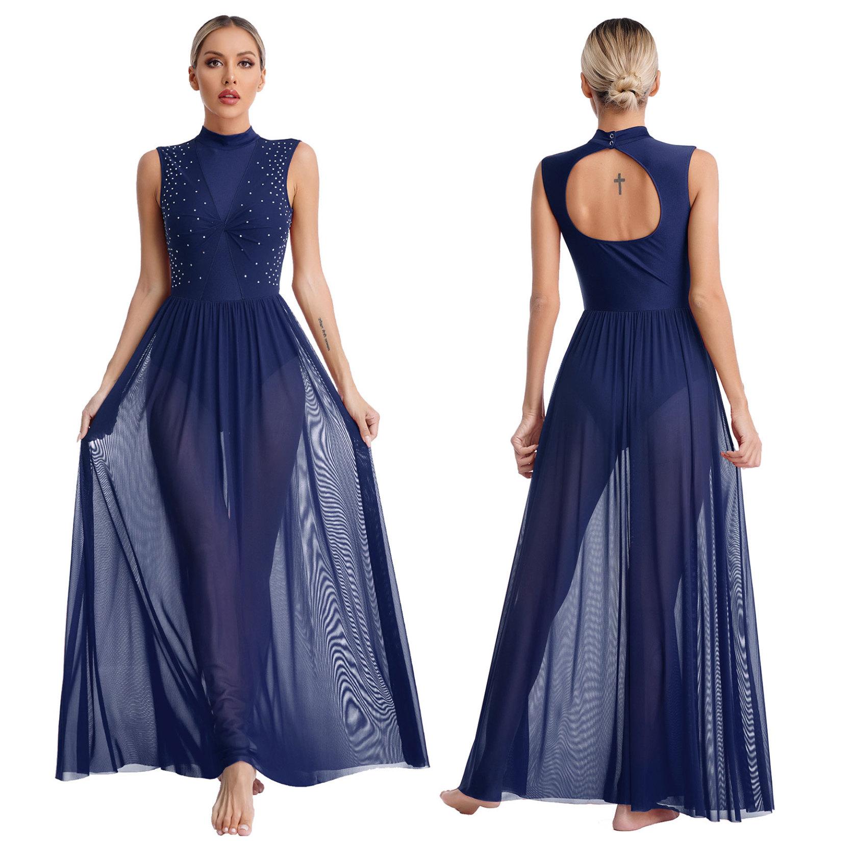 Frauen Langes Kleid Lyrical Modern Dance Ärmelloses Open Back Twist Sheer Mesh Overlay Trikot Lob Liturgische Tanzkleidung XL navy blau von Joom DACH