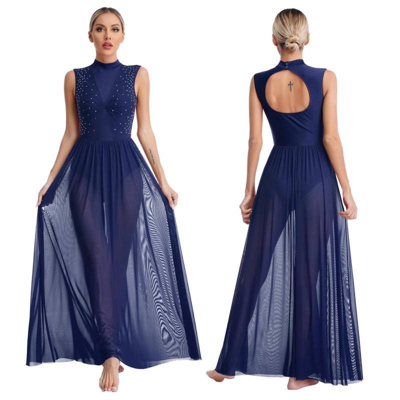 Frauen Langes Kleid Lyrical Modern Dance Ärmelloses Open Back Twist Sheer Mesh Overlay Trikot Lob Liturgische Tanzkleidung XL navy blau von Joom DACH