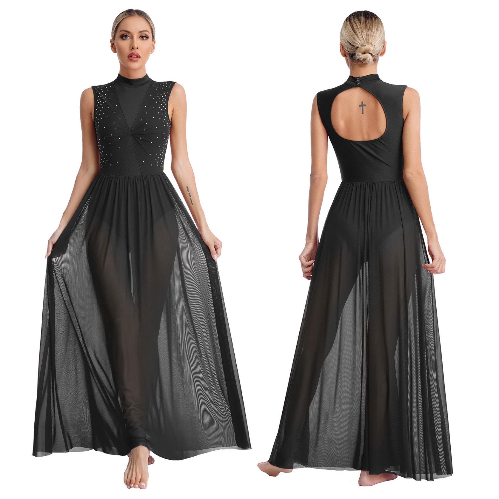 Frauen Langes Kleid Lyrical Modern Dance Ärmelloses Open Back Twist Sheer Mesh Overlay Trikot Lob Liturgische Tanzkleidung XXL schwarz von Joom DACH