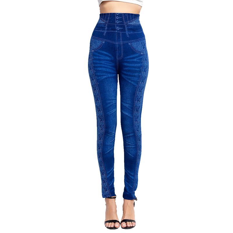 Frauen Leggings Mode Imitation Jeans Denim Druck Jegging Slim Fitness Elastische Nahtlose Leggings Für Frauen XXXL blau von Joom DACH
