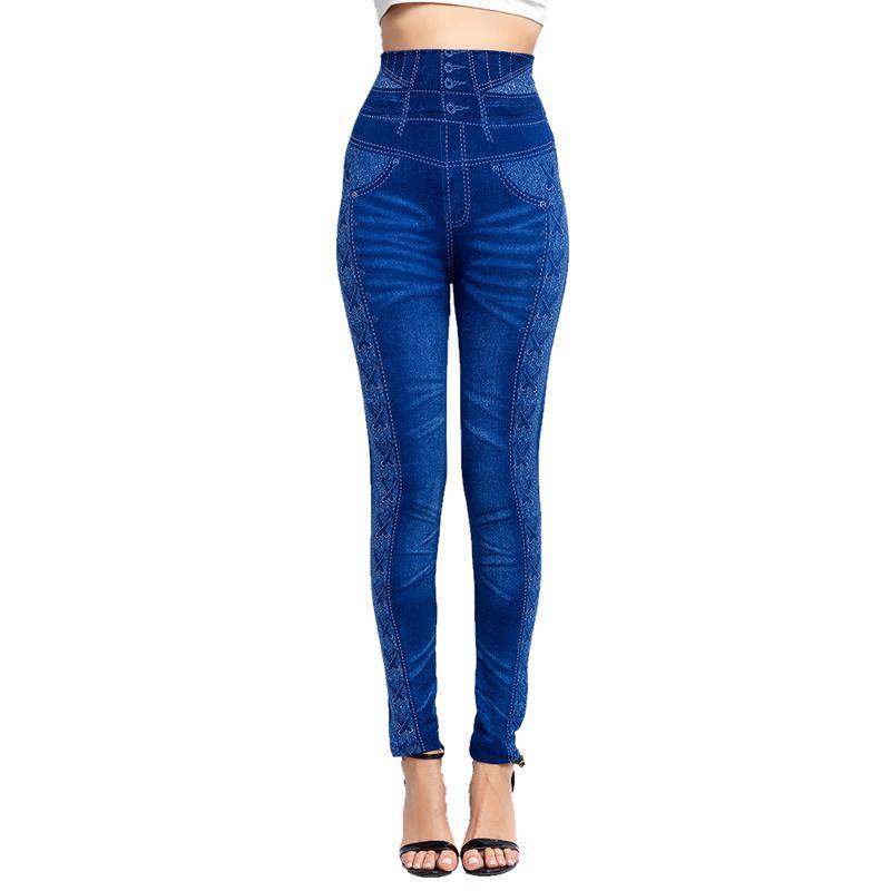 Frauen Leggings Mode Imitation Jeans Denim Druck Jegging Slim Fitness Elastische Nahtlose Leggings Für Frauen XXXL blau von Joom DACH