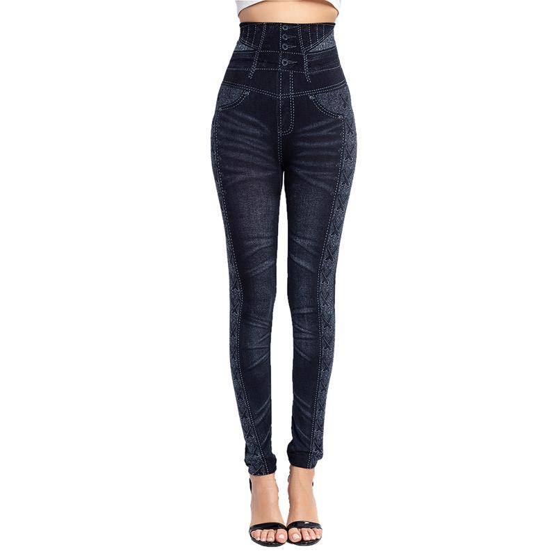 Frauen Leggings Mode Imitation Jeans Denim Druck Jegging Slim Fitness Elastische Nahtlose Leggings Für Frauen XXXL schwarz von Joom DACH