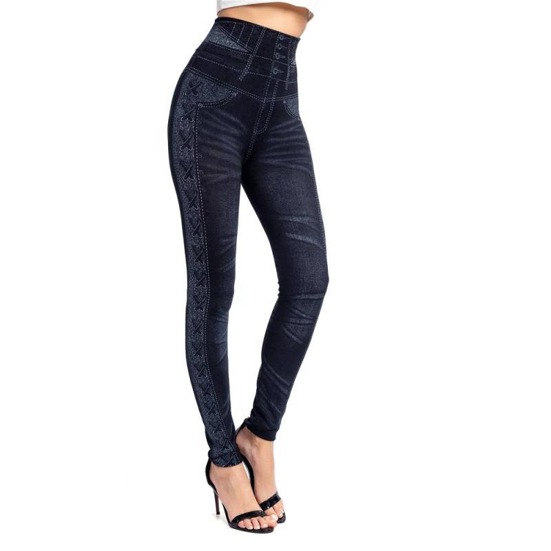 Frauen Leggings Mode Imitation Jeans Denim Druck Jegging Slim Fitness Elastische Nahtlose Leggings Für Frauen XXXL schwarz von Joom DACH