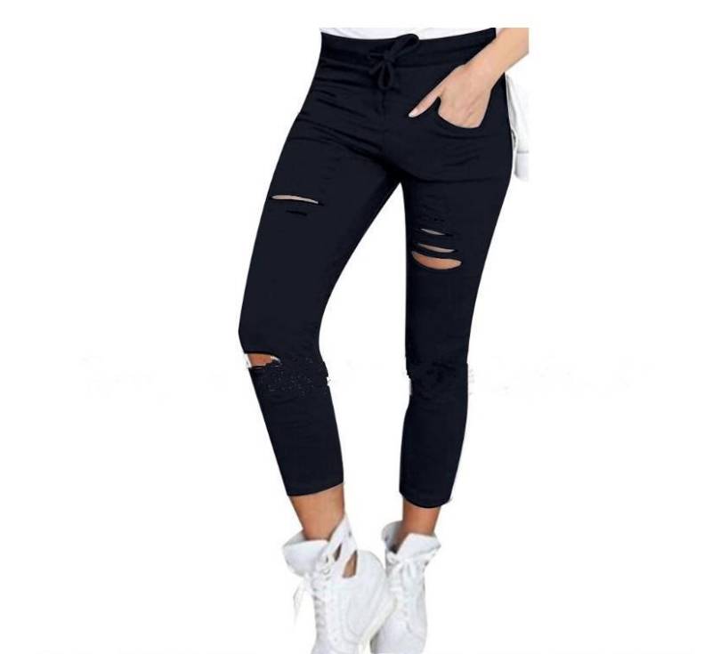 Frauen-Loch-Leggings, zerrissene, schmale Stretch-Hosen mit Kordelzug L schwarz von Joom DACH