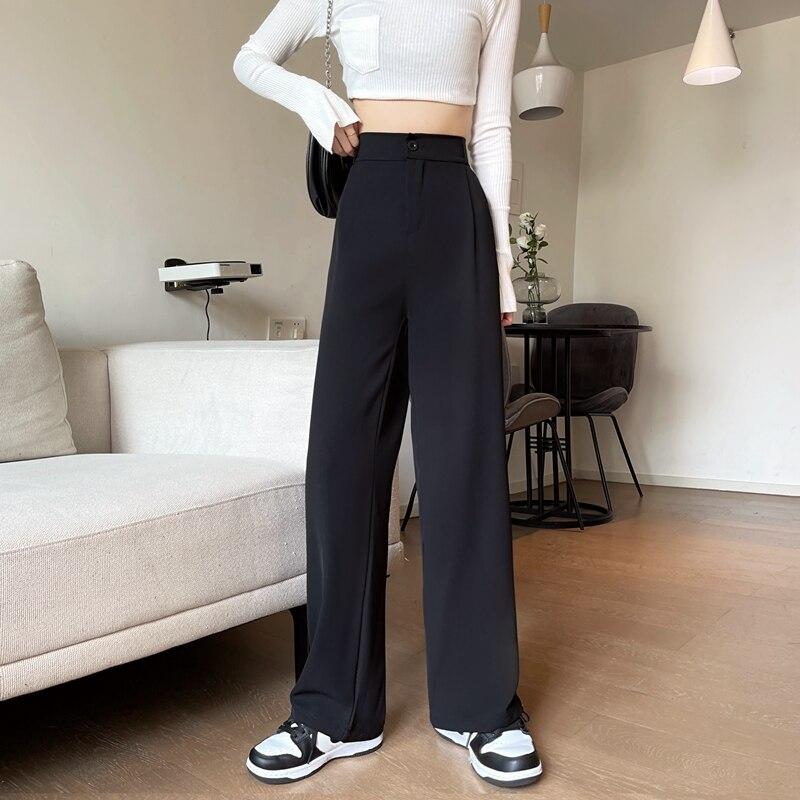 Damen Lockere High Waist Weitbein Hose Frühling Herbst Lässig Gerade Anzughose Weiblich Einfarbig Übergröße 4XL Lange Hose S schwarz von Joom DACH