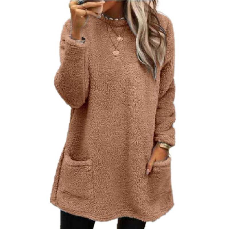 Frauen Lose Fleece Sweatshirt Mäntel Herbst Winter Oansatz Tasche Langarm Pullover Sweatshirt Tops Langarm mit Taschen XXXL braun von Joom DACH