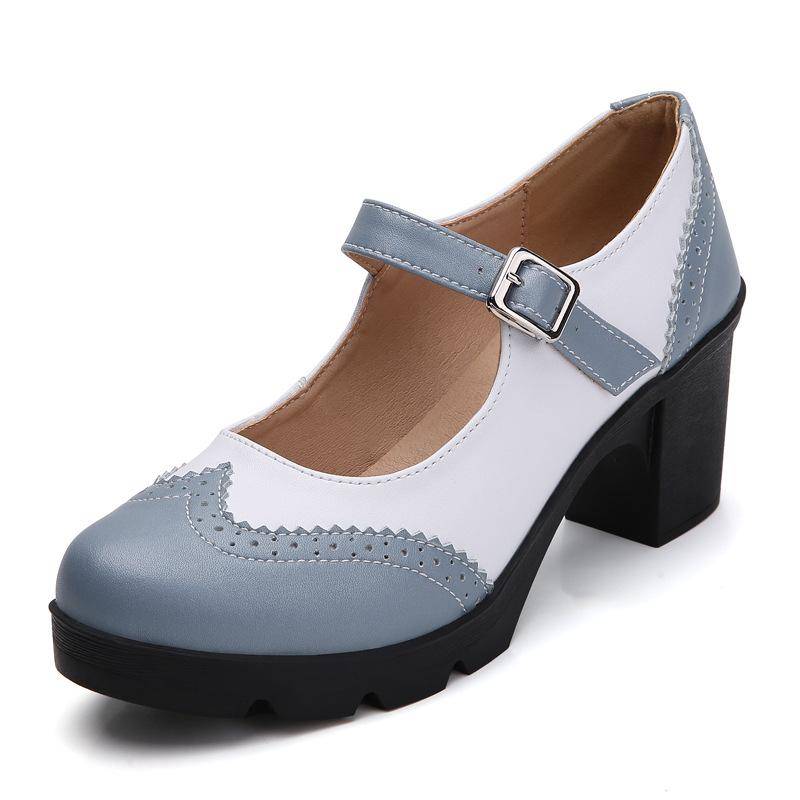 Frauen Mary Jane Pumps Echtes Leder Schaffell High Heels Elegante Retro Quadratische Runde Kappe Plattform Damen Schuhe 39 blau/weiß von Joom DACH