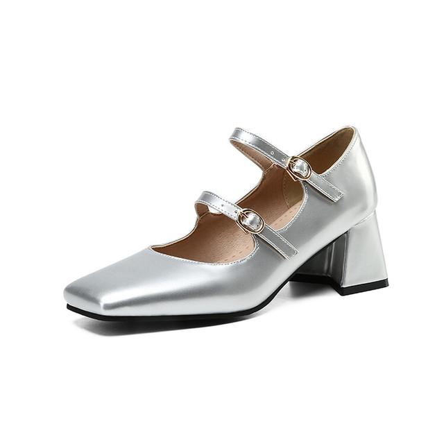 Frauen Mary Jane Sommer Neue Elegante Spiegel Leder Chunky Heels Für Frauen Schuhe Für Frauen Schwarze Heels 38 silber von Joom DACH
