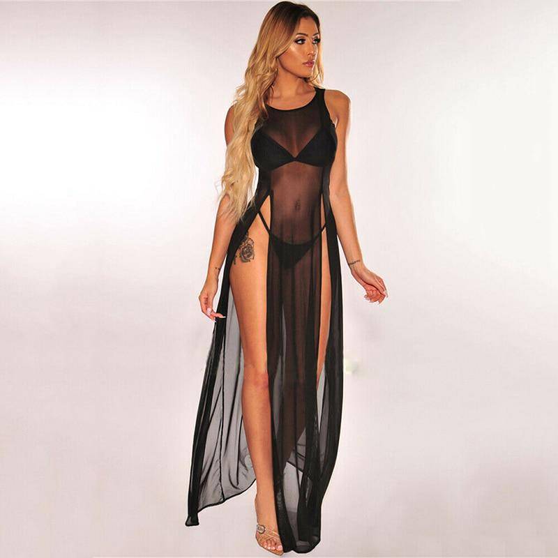 Frauen Mesh Sheer Bikini Cover Up Elegante Transparente Split Strand Kleid Bademode Beachwear M schwarz von Joom DACH