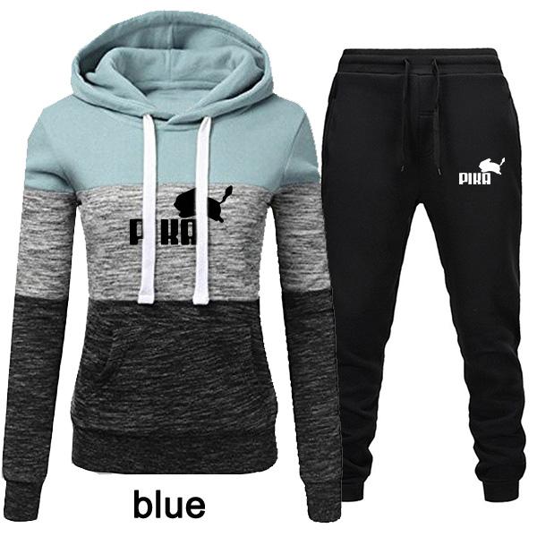 Frauen Mode 2 Stück Trainingsanzüge Farbe Patchwork Trainingsanzug Weibliche Lange Hülse Hoodies Sweatshirt und Jogginghose L see-blaue von Joom DACH