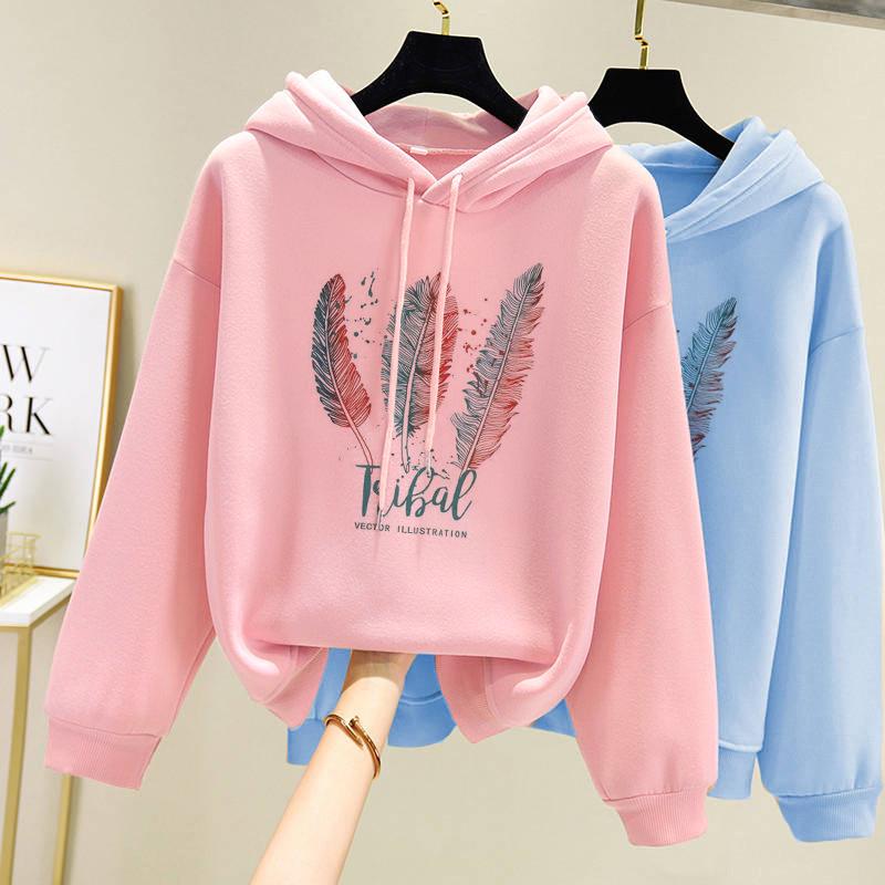 Frauen Mode Feder Gedruckt Hoodies Herbst Winter Plus Samt Casual Lose Hoodie Sweatshirt M rosa von Joom DACH