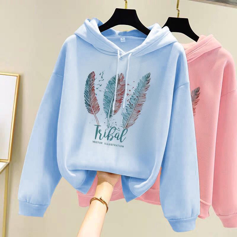 Frauen Mode Feder Gedruckt Hoodies Herbst Winter Plus Samt Casual Lose Hoodie Sweatshirt XXXL blau von Joom DACH