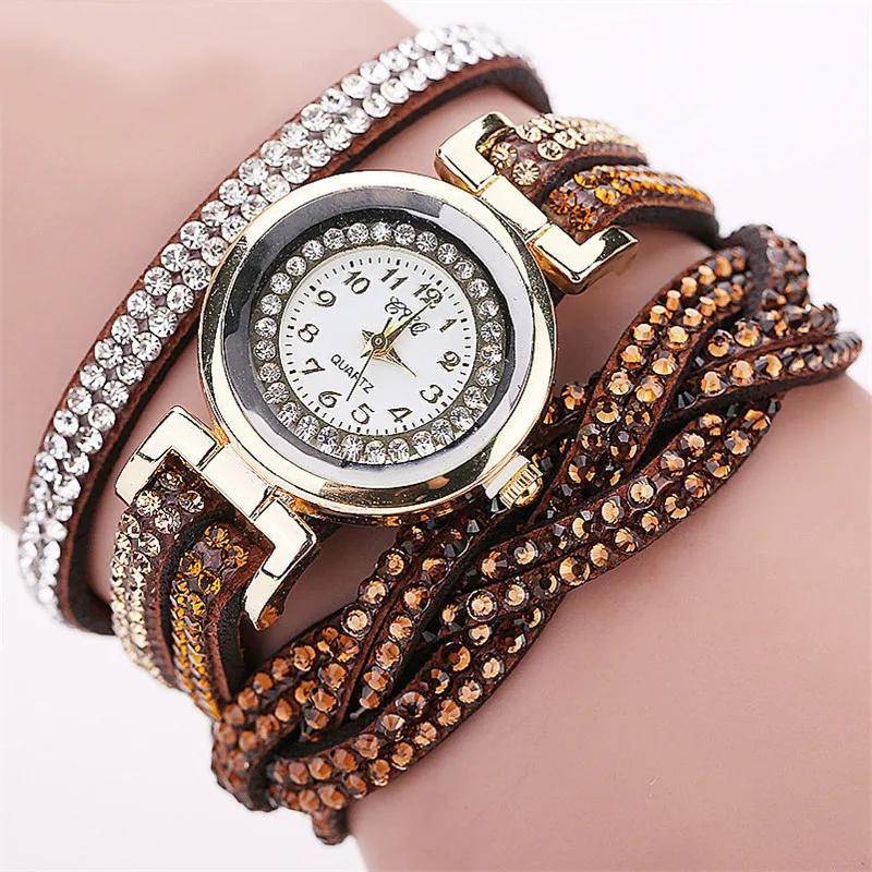 Frauen Mode Lange Armband Leder Uhr Damen Casual Strass Kleid Uhr Weibliche lBracelet Armbanduhr von Joom DACH