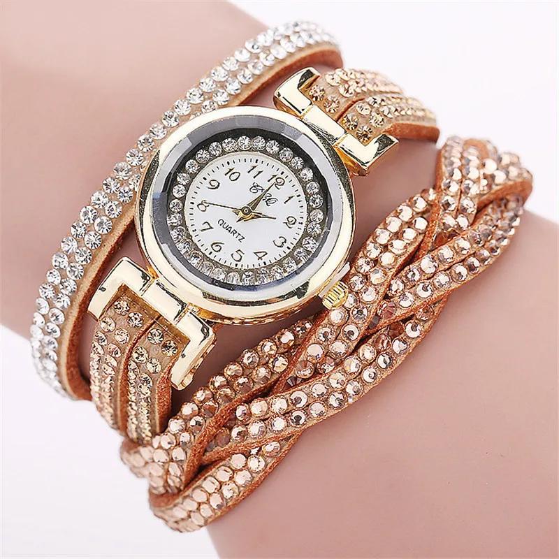 Frauen Mode Lange Armband Leder Uhr Damen Casual Strass Kleid Uhr Weibliche lBracelet Armbanduhr von Joom DACH