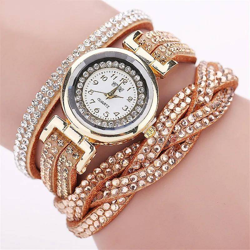 Frauen Mode Lange Armband Leder Uhr Damen Casual Strass Kleid Uhr Weibliche lBracelet Armbanduhr von Joom DACH