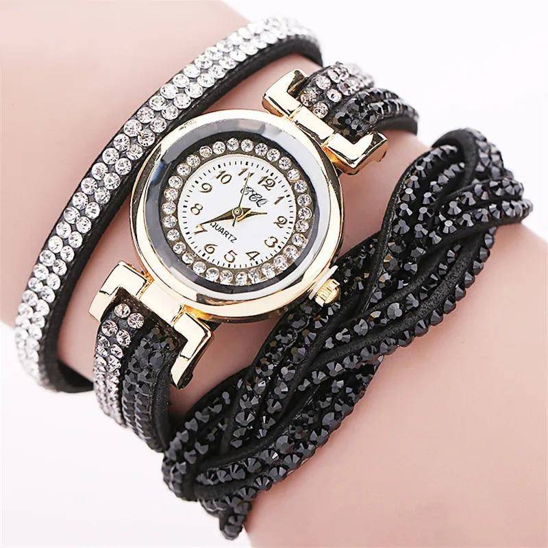 Frauen Mode Lange Armband Leder Uhr Damen Casual Strass Kleid Uhr Weibliche lBracelet Armbanduhr von Joom DACH