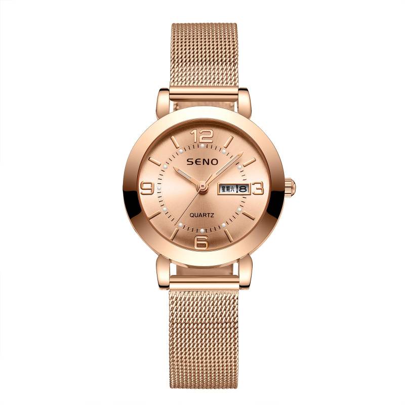 Frauen Mode Mesh Gürtel Quarzuhr Damen Uhr Leuchtende Wasserdichte Dual Kalender Weibliche Student Stahl Gürtel Uhr gold von Joom DACH