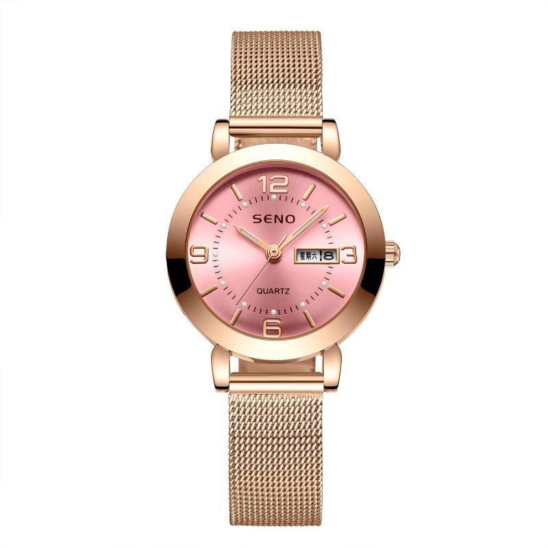Frauen Mode Mesh Gürtel Quarzuhr Damen Uhr Leuchtende Wasserdichte Dual Kalender Weibliche Student Stahl Gürtel Uhr rosa von Joom DACH