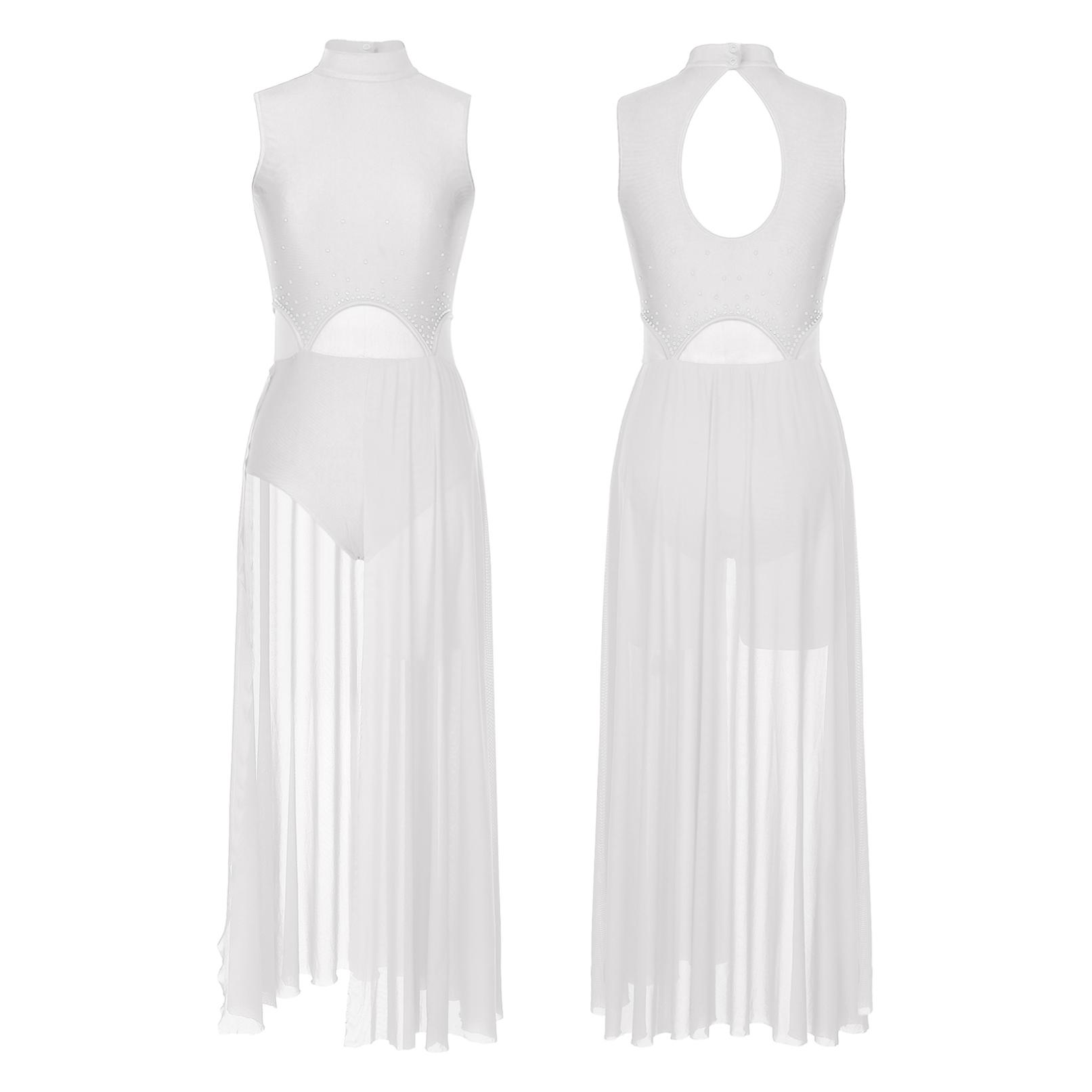 Frauen Moderne Lyrische Tanz Kleid Ballett Gymnastik Trikot Ärmellose Strass Mesh Kleider Bühne Leistung Dancewear S weiß von Joom DACH