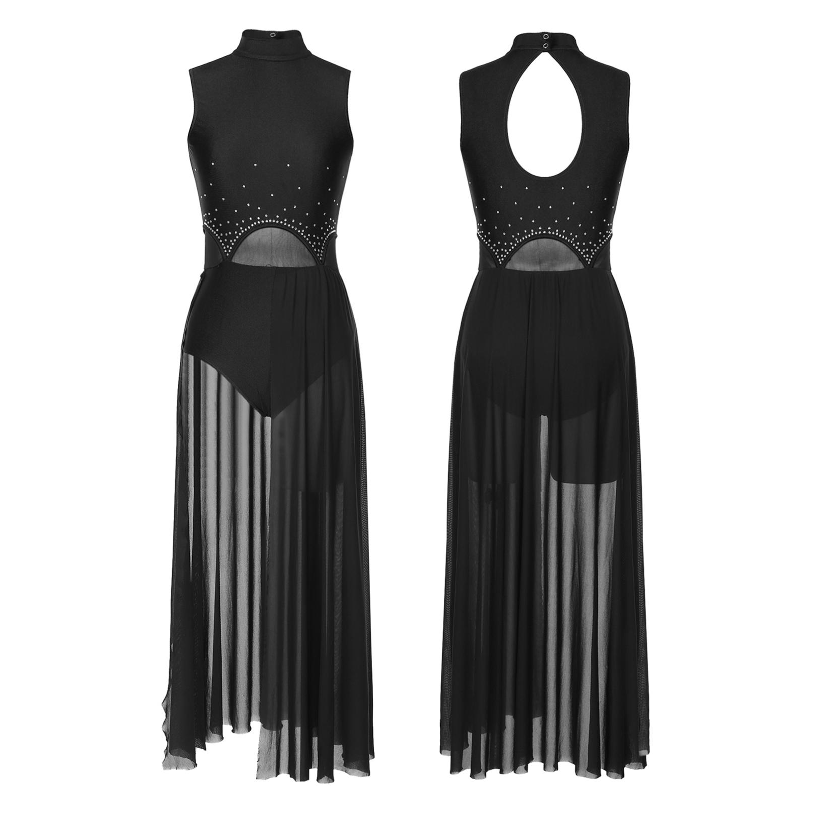 Frauen Moderne Lyrische Tanz Kleid Ballett Gymnastik Trikot Ärmellose Strass Mesh Kleider Bühne Leistung Dancewear S schwarz von Joom DACH