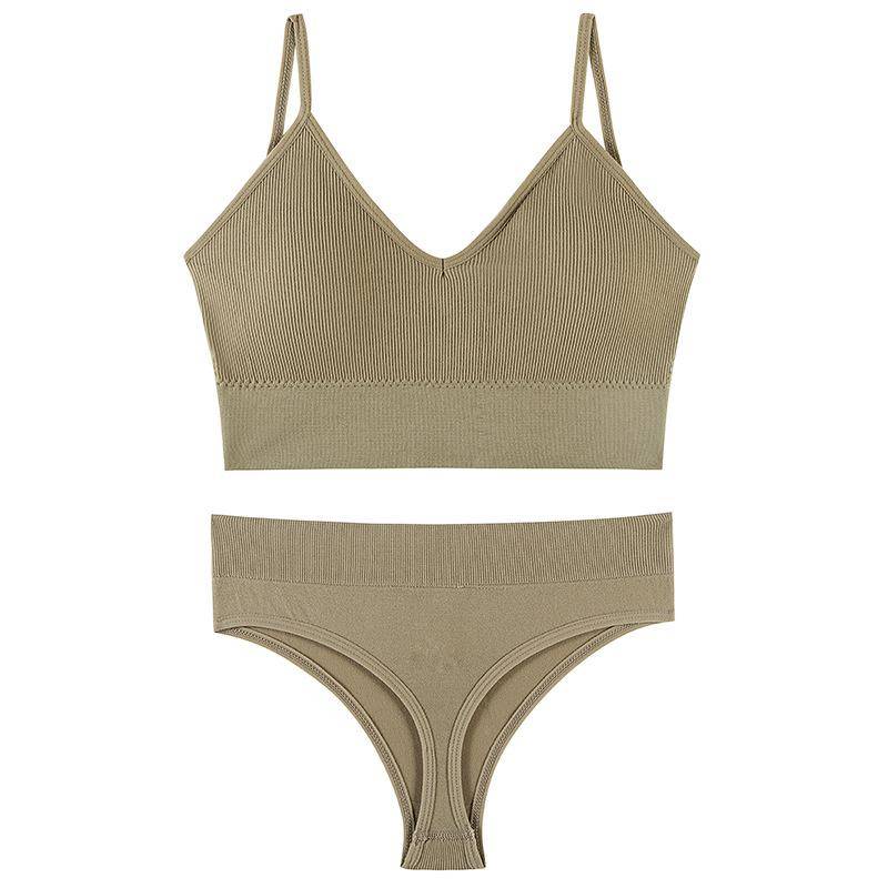 Frauen Nahtlose Tanks Tops Höschen Set Weibliche Baumwolle G-String Unterwäsche Wireless Bh Weiche Crop Top Low-rise Unterhose 2 stück Outfits Sets XL khaki von Joom DACH