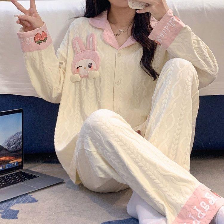 Frauen Neue Pyjama Frühling Herbst Langarm Pyjama Set Hosen Lose Strickjacke Cartoon Loungewear Pyjama Set M rosa von Joom DACH