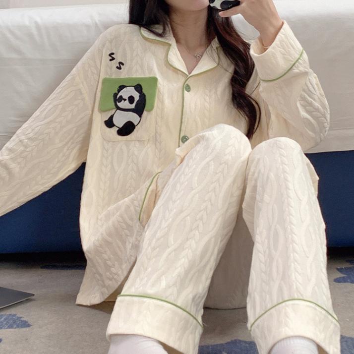 Frauen Neue Pyjama Frühling Herbst Langarm Pyjama Set Hosen Lose Strickjacke Cartoon Loungewear Pyjama Set XL grün von Joom DACH