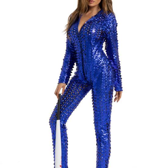 Frauen Overall Aushöhlen Loch Einfarbig Skinny Slim Fit Weiche Elastische Reißverschluss M blau von Joom DACH