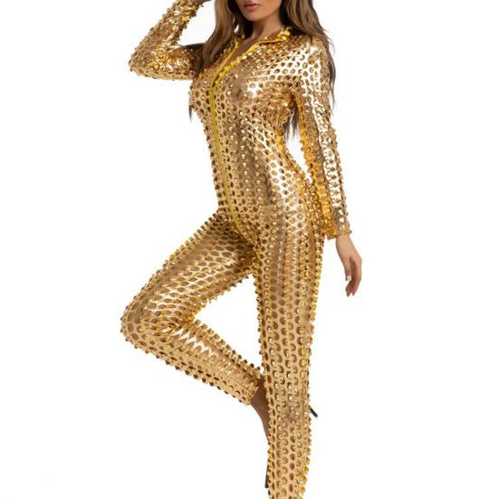 Frauen Overall Aushöhlen Loch Einfarbig Skinny Slim Fit Weiche Elastische Reißverschluss M goldgelb von Joom DACH