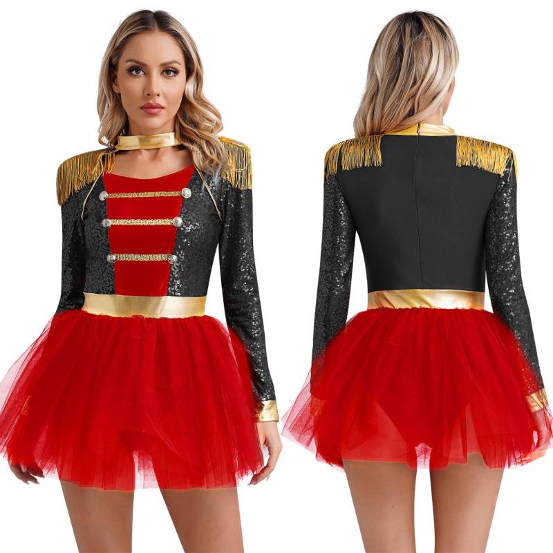 Frauen Pailletten Circus Ringmaster Cosplay Kostüm Langarm Fransen Schulter Tüll Trikot Kleid Halloween Dress Up Kostüm S schwarz von Joom DACH
