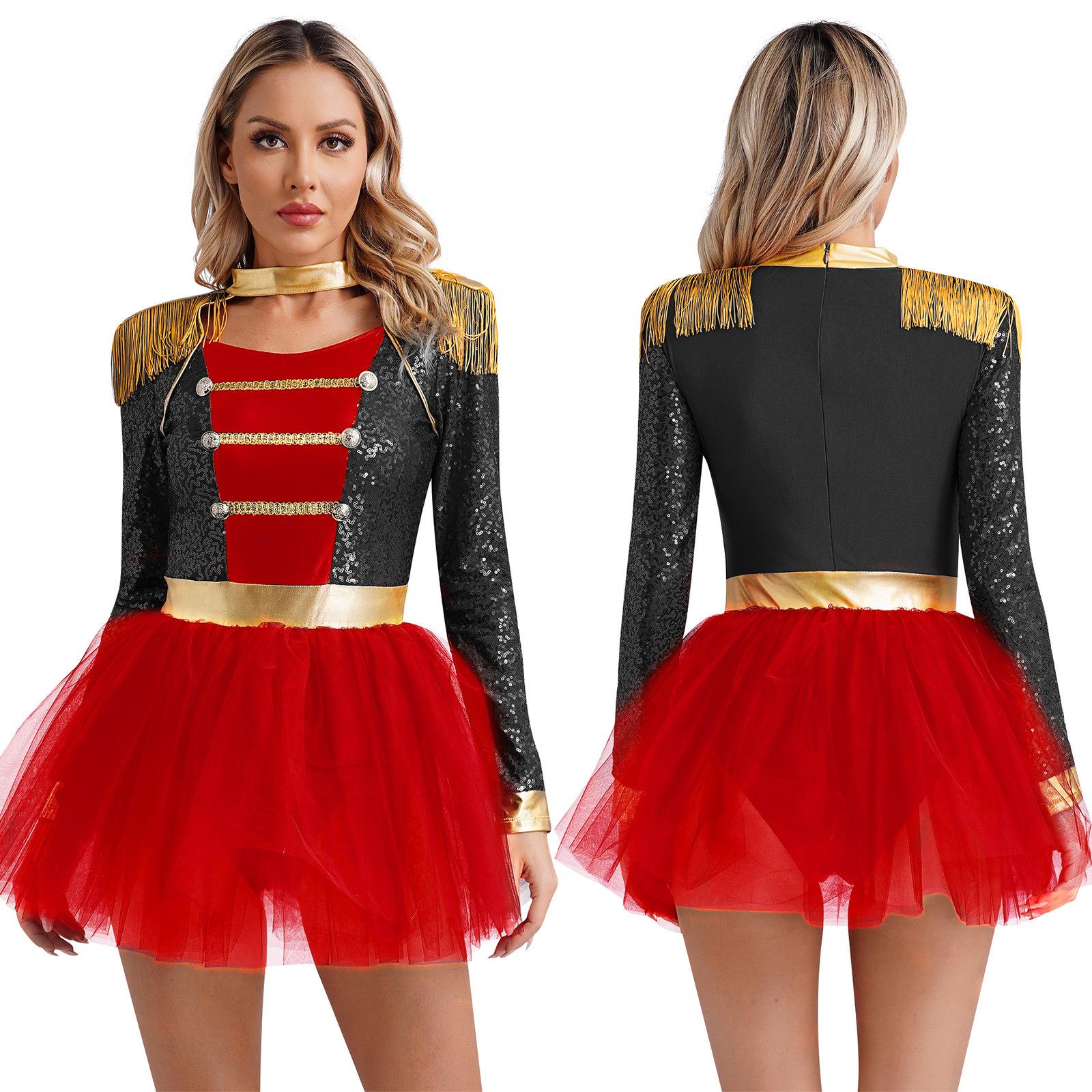 Frauen Pailletten Circus Ringmaster Cosplay Kostüm Langarm Fransen Schulter Tüll Trikot Kleid Halloween Dress Up Kostüm S von Joom DACH