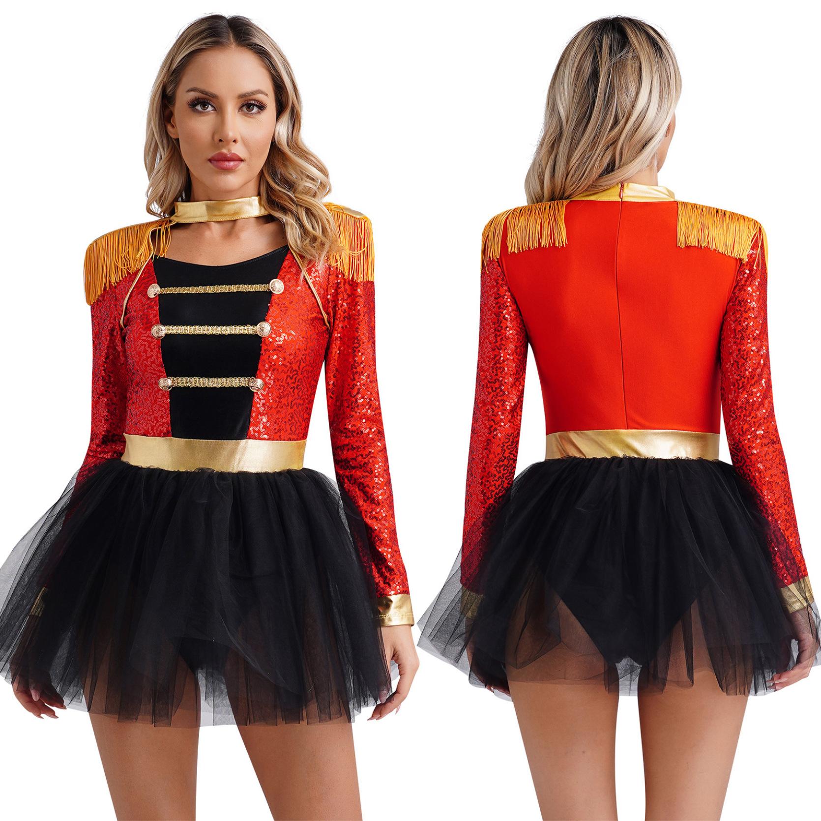 Frauen Pailletten Circus Ringmaster Cosplay Kostüm Langarm Fransen Schulter Tüll Trikot Kleid Halloween Dress Up Kostüm XXL rot von Joom DACH