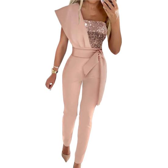 Frauen Pailletten Sharkly Shiny Party Overall Frühling Eleagnt Schulter Drapierte Büro Overall Sommer Aushöhlen Gerade Overalls M rosa von Joom DACH