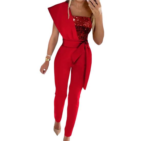 Frauen Pailletten Sharkly Shiny Party Overall Frühling Eleagnt Schulter Drapierte Büro Overall Sommer Aushöhlen Gerade Overalls M rot von Joom DACH