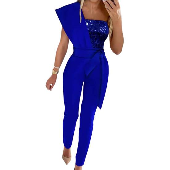 Frauen Pailletten Sharkly Shiny Party Overall Frühling Eleagnt Schulter Drapierte Büro Overall Sommer Aushöhlen Gerade Overalls S blau von Joom DACH