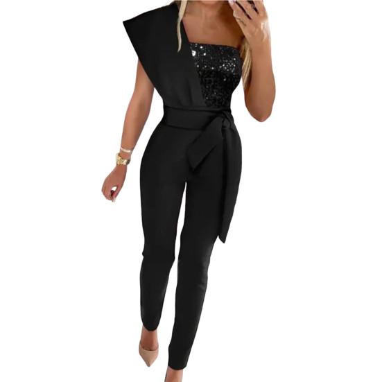 Frauen Pailletten Sharkly Shiny Party Overall Frühling Eleagnt Schulter Drapierte Büro Overall Sommer Aushöhlen Gerade Overalls XL schwarz von Joom DACH