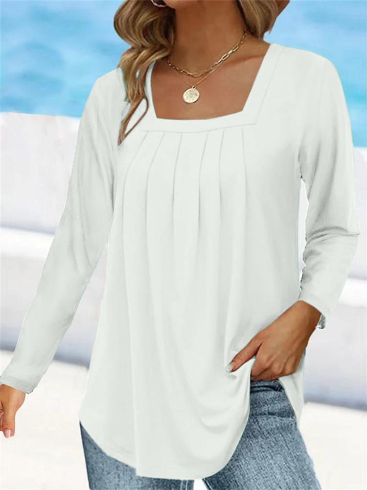 Frauen Plissee Square Neck Langarm Lose Beiläufige T-shirts Frühling Herbst Weibliche Feste Übergroßen T Tops S-5XL 4XL weiß von Joom DACH