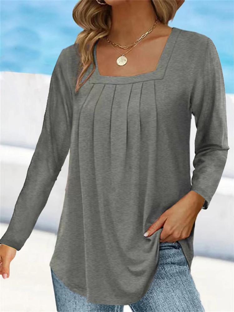 Frauen Plissee Square Neck Langarm Lose Beiläufige T-shirts Frühling Herbst Weibliche Feste Übergroßen T Tops S-5XL 5XL grau von Joom DACH