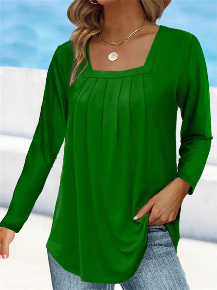 Frauen Plissee Square Neck Langarm Lose Beiläufige T-shirts Frühling Herbst Weibliche Feste Übergroßen T Tops S-5XL 5XL grün von Joom DACH