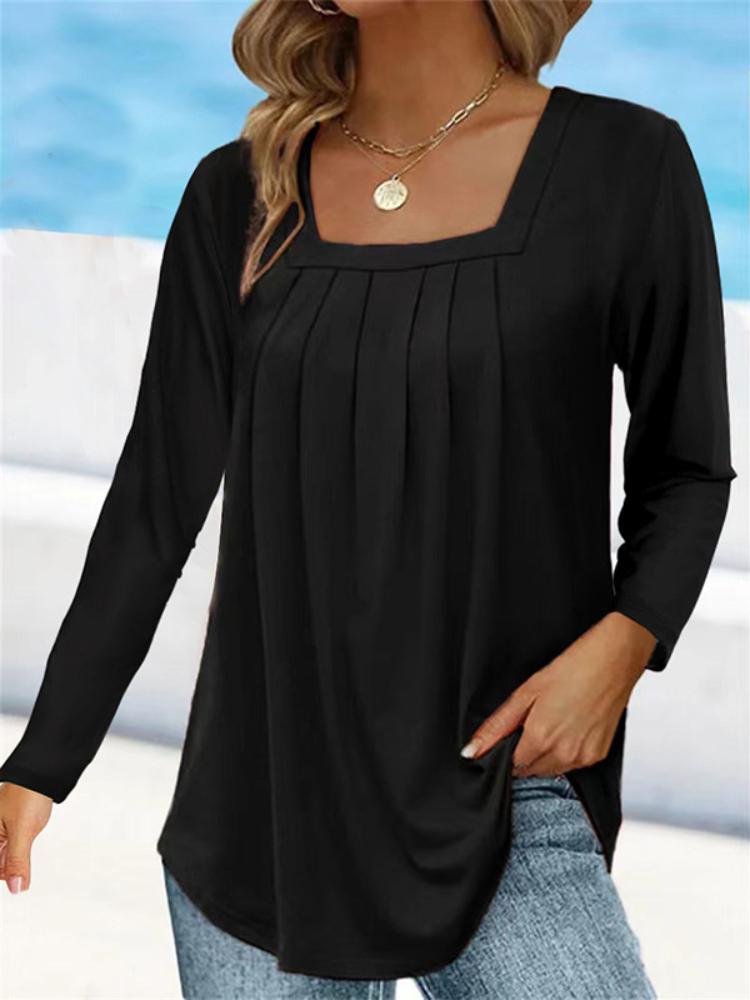 Frauen Plissee Square Neck Langarm Lose Beiläufige T-shirts Frühling Herbst Weibliche Feste Übergroßen T Tops S-5XL 5XL schwarz von Joom DACH