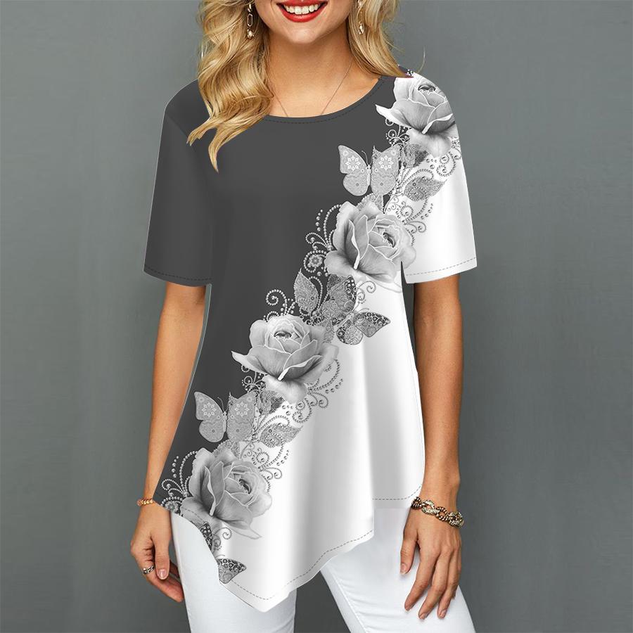 Frauen Plus Größe Damen T-shirts Rose Kranz Drucken Lose Beiläufige Tops Weibliche Unregelmäßige Sommer Kleidung 8XL von Joom DACH